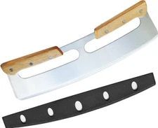 Pizza Cutter Stainless Steel Rocker Knife Wooden Handle Plastic Cover Large 14In
