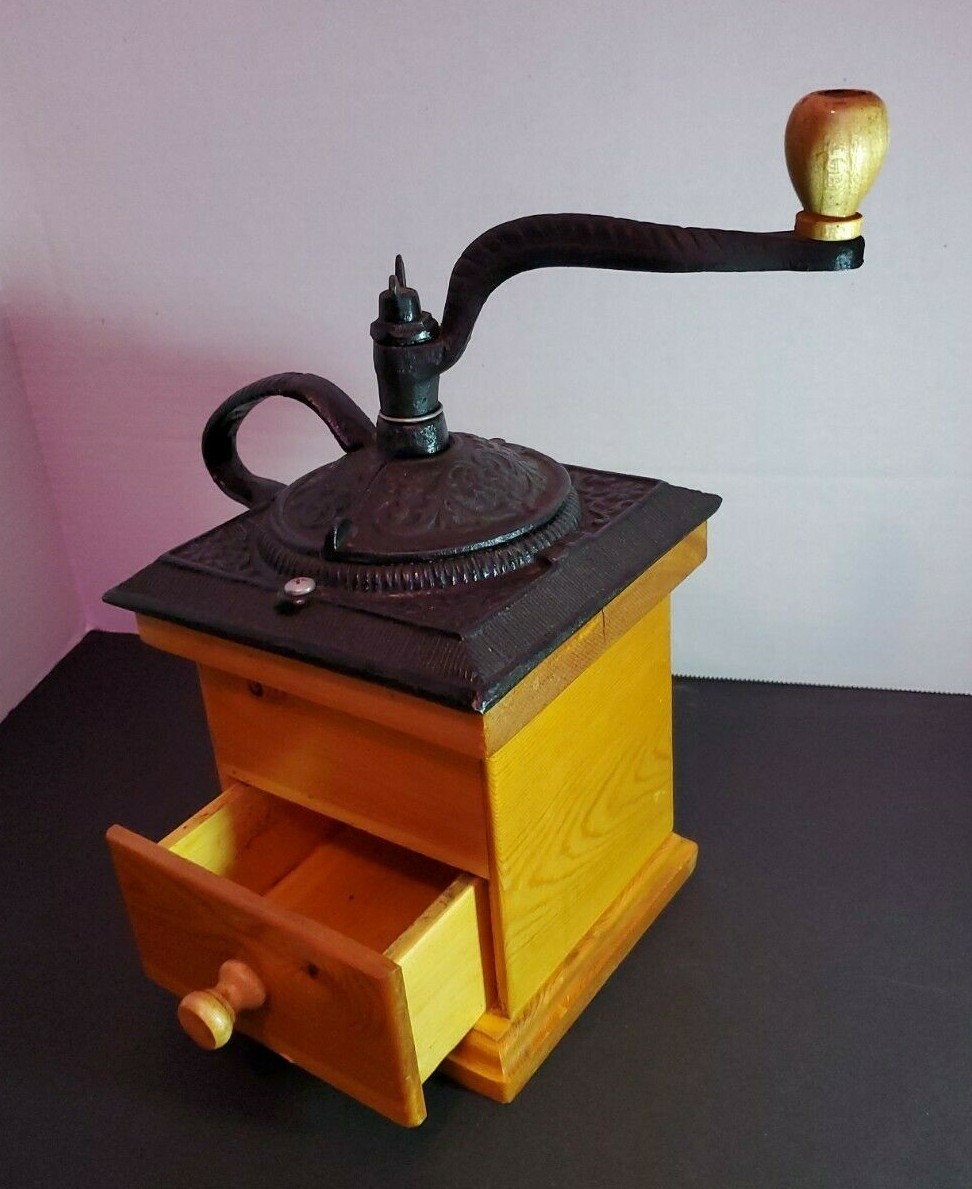 Vintage Wood Coffee Bean Burr Grinder /Manual Cast Iron Hand Crank