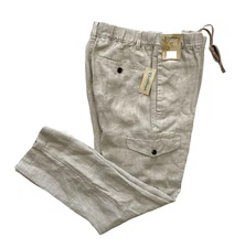 Caribbean Roundtree Yorke Nwt Natural Khaki Linen Drawstring Cargo Pants 38 x 32