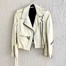 $1.400 R13 Shruken Lambskin Leather Full Zip Crop Moto Jacket Cream Women's S/ M