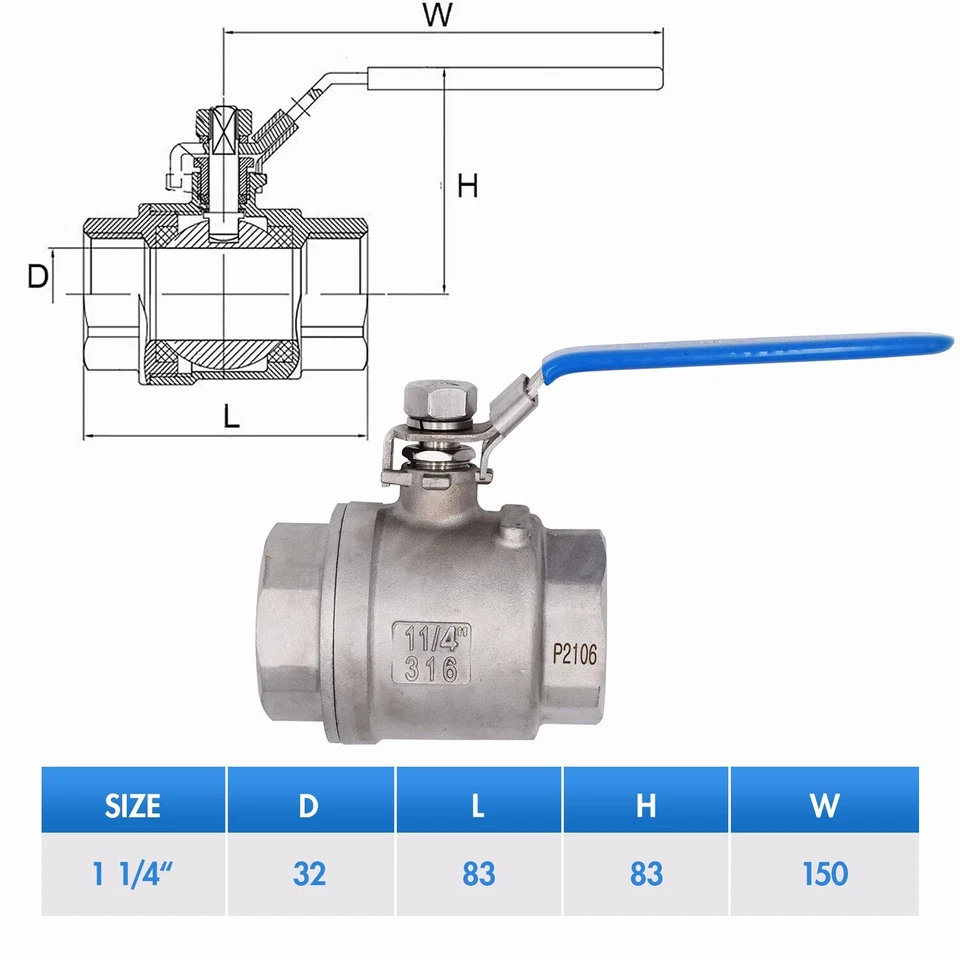 2 Pack VAV 11/4 " Ball Valve Full Port,2P,316 Stainless Steel,1000 WOG for Water - Image 2 of 4