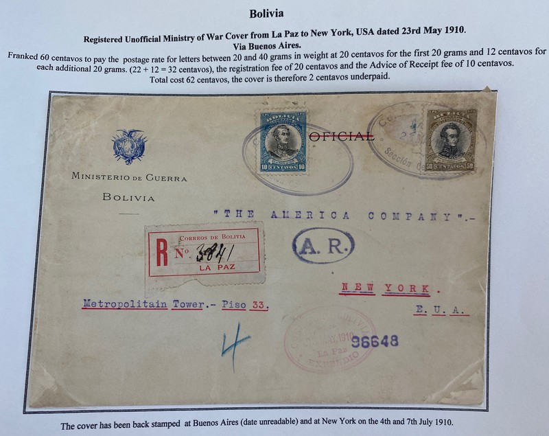1910 La Paz Bolivia Unofficial War Minister Registered Cover To New York Usa