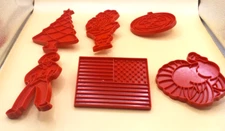 Vintage Red Plastic Set Of 6 Various Cookie Cutters Tree Turkey Pumpkin Flag