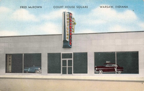Warsaw Indiana Car Dealer Cadillac Oldsmobile Fred McKown Advertising Postcard