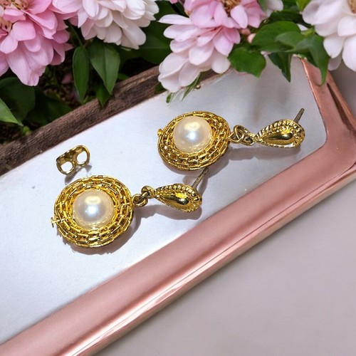 Vintage Gold-Tone Drop Earrings With Faux Pearl Accent For Women (C130) READ - Picture 2 of 6
