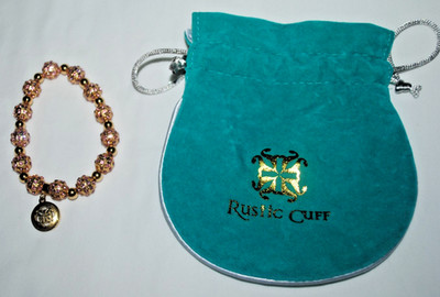 Rustic Cuff bracelet, goldtone beads, purple stones, goldtone charm, w/RC bag