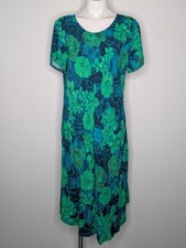 Vintage Hilo Hattie Green Blue Tropical Floral Short Sleeve Dress XL