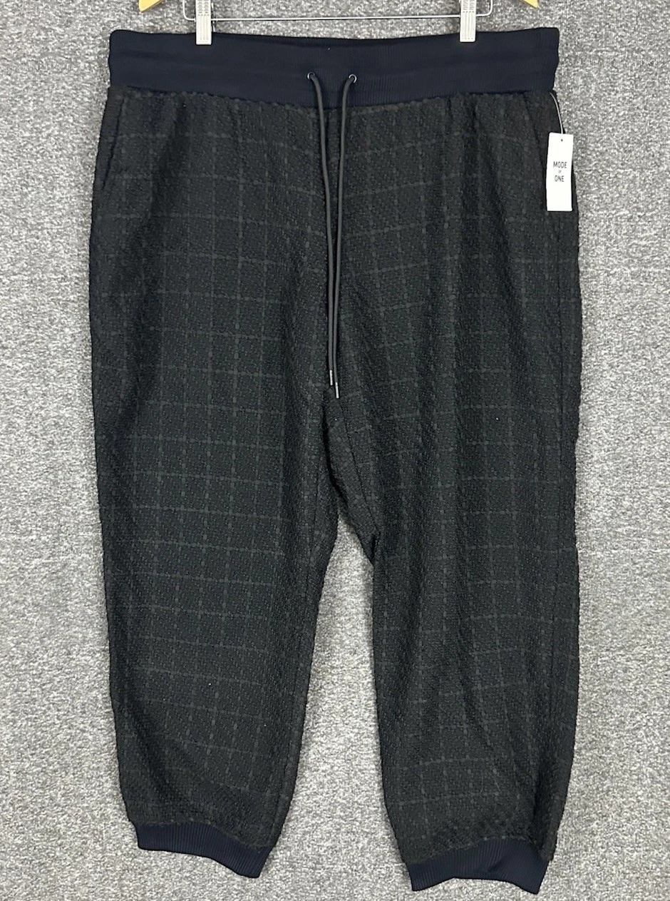 Mode of One Plaid Jogger Pants Men XXL Deep Black Textured Knit New Other Poly
