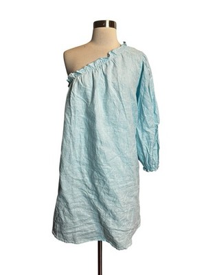 LAKE Milly One Shoulder Dress Medium Blue  Puff Sleeve Linen Coastal