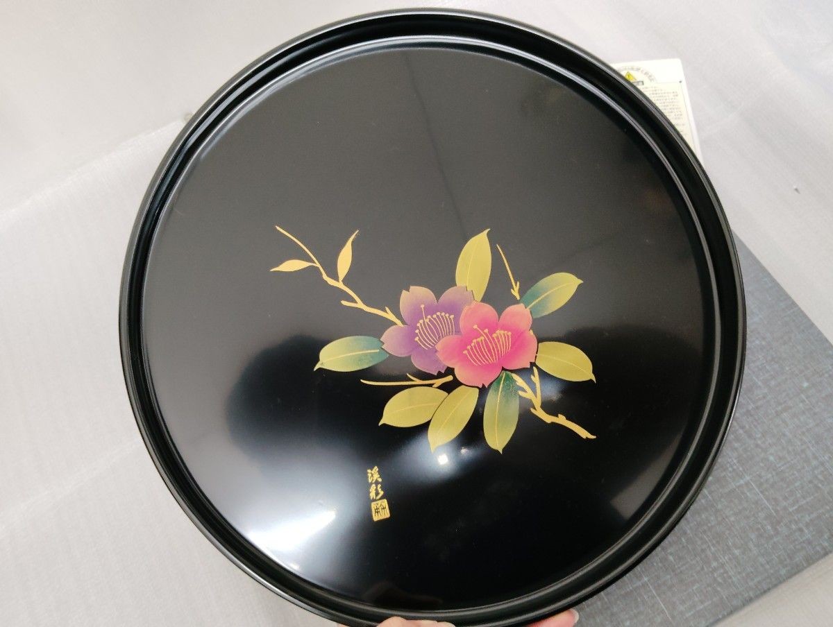 Aizu Lacquerware Round Tray 30cm Black Pink Camellia Floral Motif Japan New