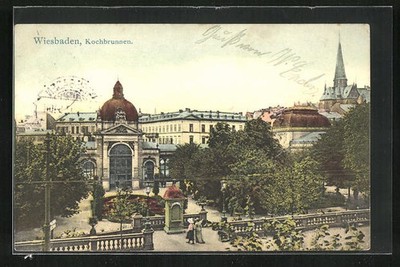 Wiesbaden, cooking fountain in the city park, postcard 1907 