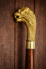 Vintage Wooden Walking Cane Brass Lion Head Handle Antique Wood Stick Men Women