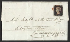 QV sg2 1d black (D-K) Plate 1b on 1840 cover to Huddersfield