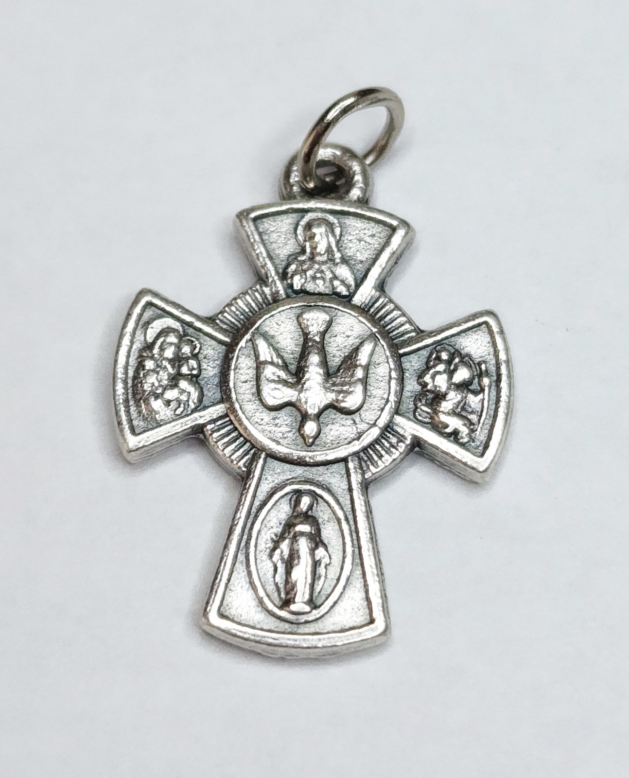 Four Way Catholic Medal Pendant Charm Holy Spirit Miraculous Medal Silver Tone