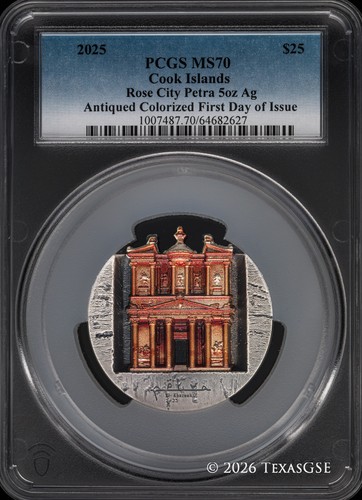 2025 Cook Islands $25 5oz Silver Rose City - Petra - Colorized PCGS MS70 FD