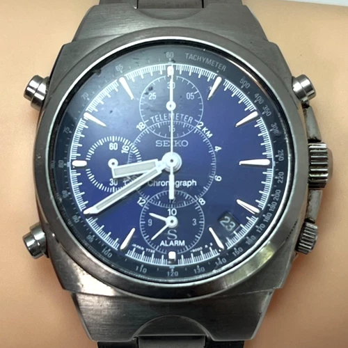 Vintage Seiko Chronograph 7T32 Qz SS Blue Dial Date Alarm Mens Watch Japan#037B