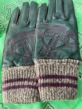 Vivienne Westwood Green Lambskin Leather Gloves Wool Cuff Logo Embroidery New