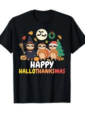 Men's Festive Sloth T-Shirt - "Happy Hallothanksmas" Design with Holiday Decorat