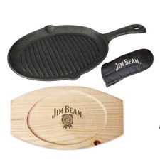 Jim Beam Gusseisenpfanne mit Holzsockel und Griffhandschuh, emaillierter Guss