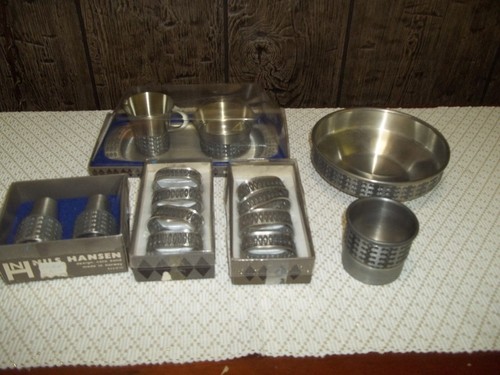 NILS HANSEN PEWTER LOT/CREAM & SUGAR, NAPKIN RINGS, BOWL, CUP, SALT & PEPPER