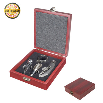 Wine Bottle Opener Set Corkscrew,Foil Cutter, Pourer& Stopper in Wooden Gift Box