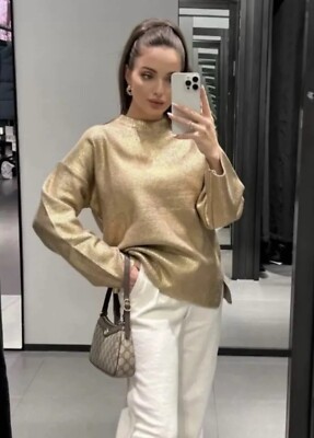 ZARA CRACKED GOLD FOLIE METALLIC OVERSIZE STRICK PULLOVER GR. XS