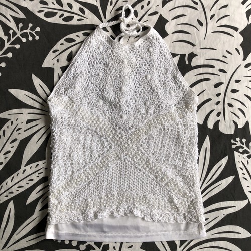 Forever 21 White Crochet Beaded Halter 