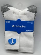 NEW 6 PAIR PACK MENS COLUMBIA ATHLETIC CREW SOCKS HALF CUSHION WHITE SIZE 6-12