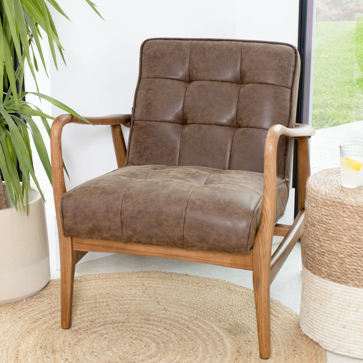 BROWN FAUX LEATHER ARMCHAIR RETRO ARMCHAIR MID CENTURY MODERN CHAIR