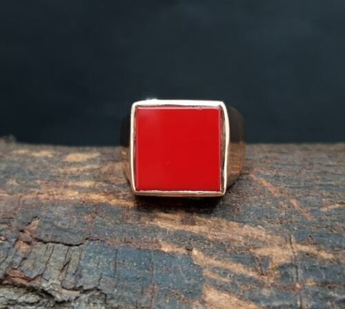 Red Coral Gemstone 925 Silver Signet Man Gold Plated Ring,Gift For Him - Foto 1 di 6