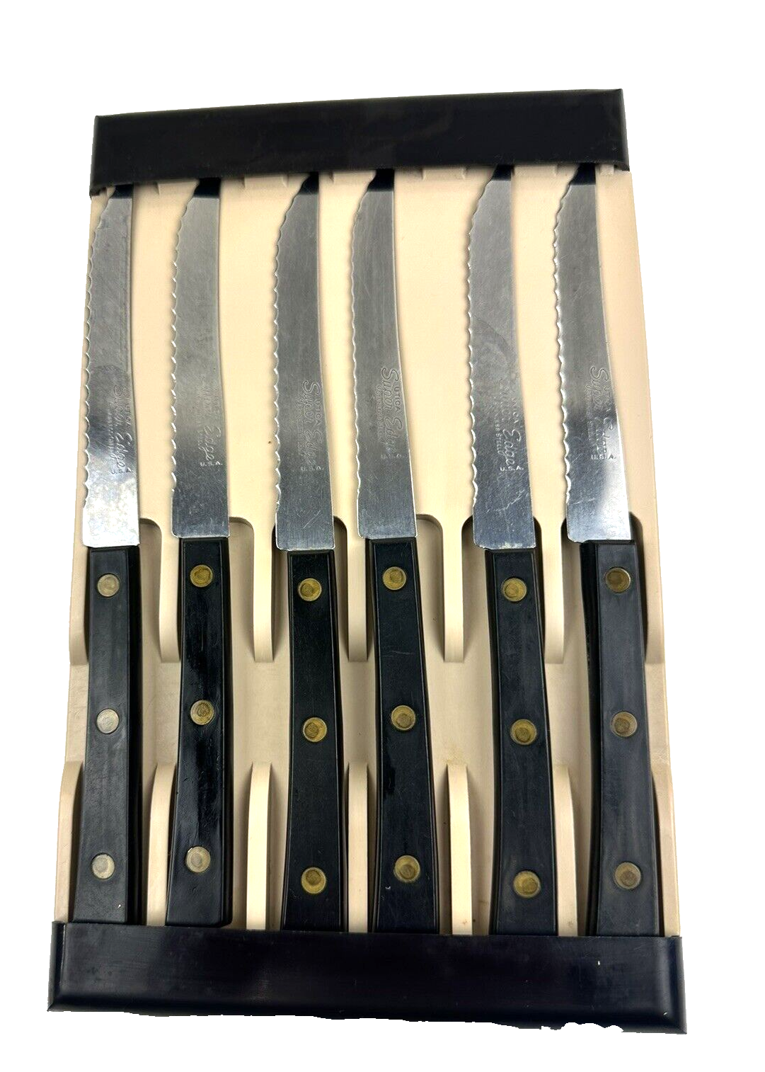 VTG Utica Super Edge Steak Knives Set of 6 Stainless Steel USA w VTG Storage Box