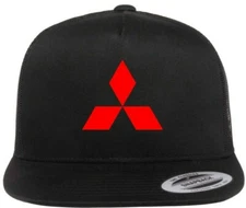 Mitsubishi Car Auto Logo Emblem Printed Black Hat Flat Bill Yupoong Trucker Cap