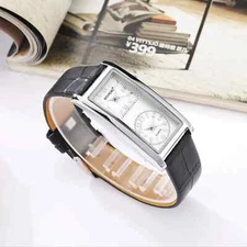 Men's Women's Dual Time Zone Quartz Rectangle Wrist Watch Black PU Leather Band