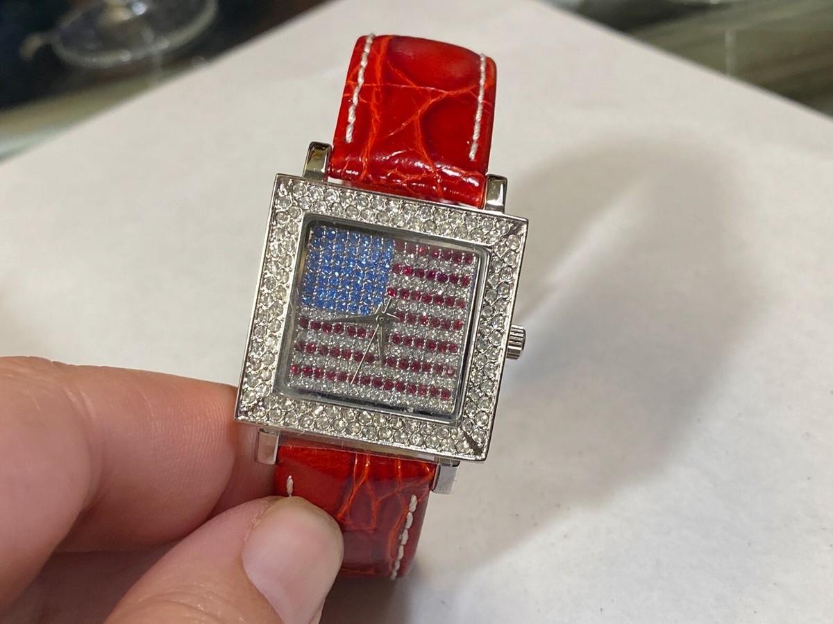 Susan Lucci American Flag Crystal Genuine Leather Watch 