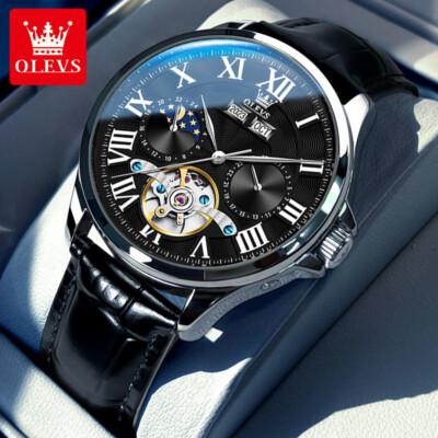 OLEVS Men's Auto Mechanical Business Watches Leather Strap Tourbillon Hollow Box