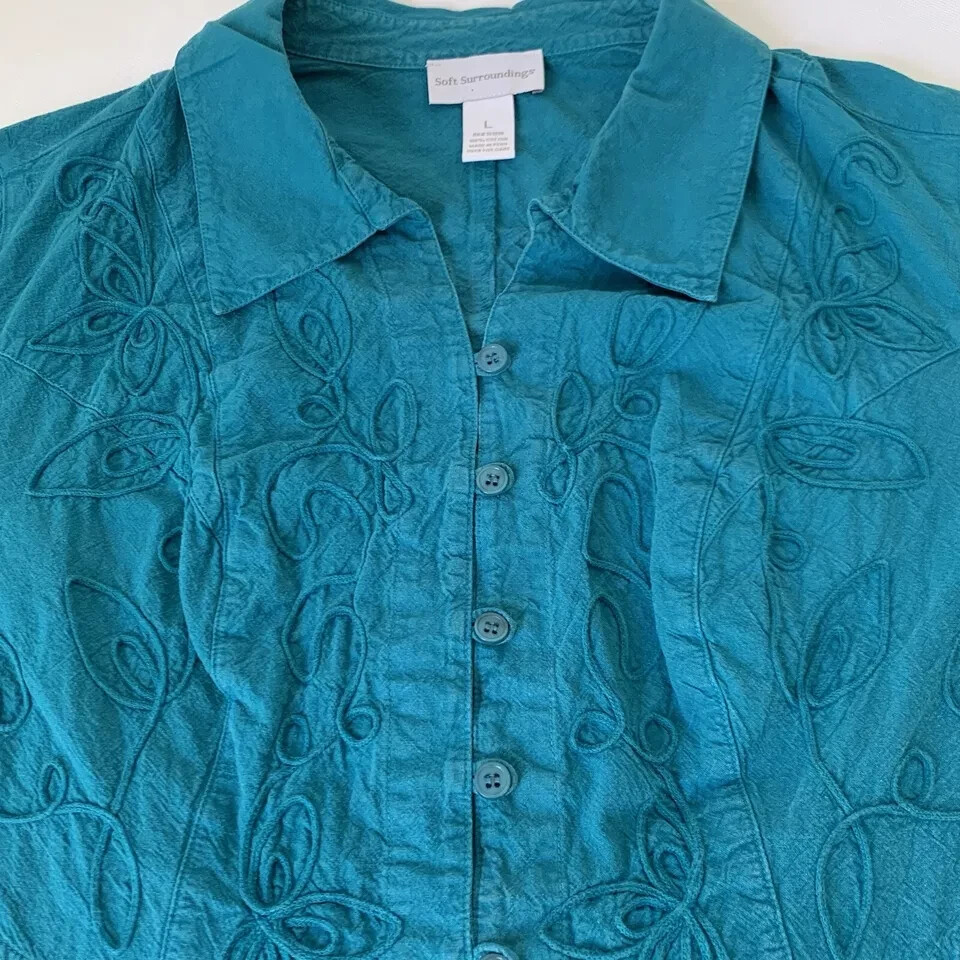 Soft Surroundings Shirt Women Large Teal Blue Floral Embroidered Button