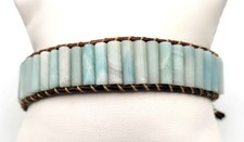 Amazonite Stone Tube Bead Leather Wrap Bracelet Celtic Button Clasp Boho Unisex