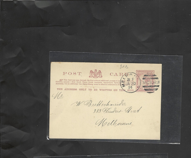 AUSTRALIA-STATES-CARD-1P-PURPLE--VICTORIA-1894-MELBOURNE CLEAR STRIKE--VF-#21