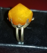 Antique Natural Butterscotch Egg Yolk Amber Ring Size 6 Petal Setting, Rare