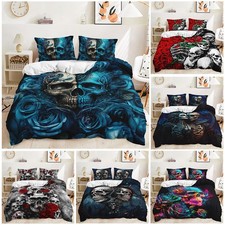 Skull Skeleton Gothic Couple Floral Red Blue Rose  Doona Duvet Quilt Cover Set