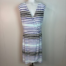 Ann Taylor Dress Medium Tall White Blue Striped Crossover Sleeveless Stretch MT
