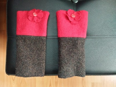 Pulswärmer Mittens Handschuhe Filz Wolle Rot Anthrazit Handgemacht Gr. S