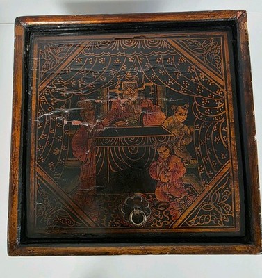 Chinoiserie Vanity? Box Drawer Lotus Characters Nobility Hand Painted Flawed