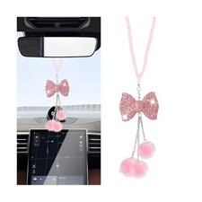 Bling Car Rear View Mirror Hanging Accessories, Crystal Rhinestone Bowknot Pink