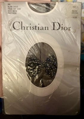 VTG Christian Dior 986 Black Polka Dot Bow Back Motif Ultra Sheer Pantyhose Sz 1