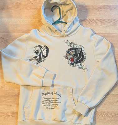 Left Point 2XL Rhinestone Hoodie Panther Graphic Y2K Streetwear Beige Pullover 