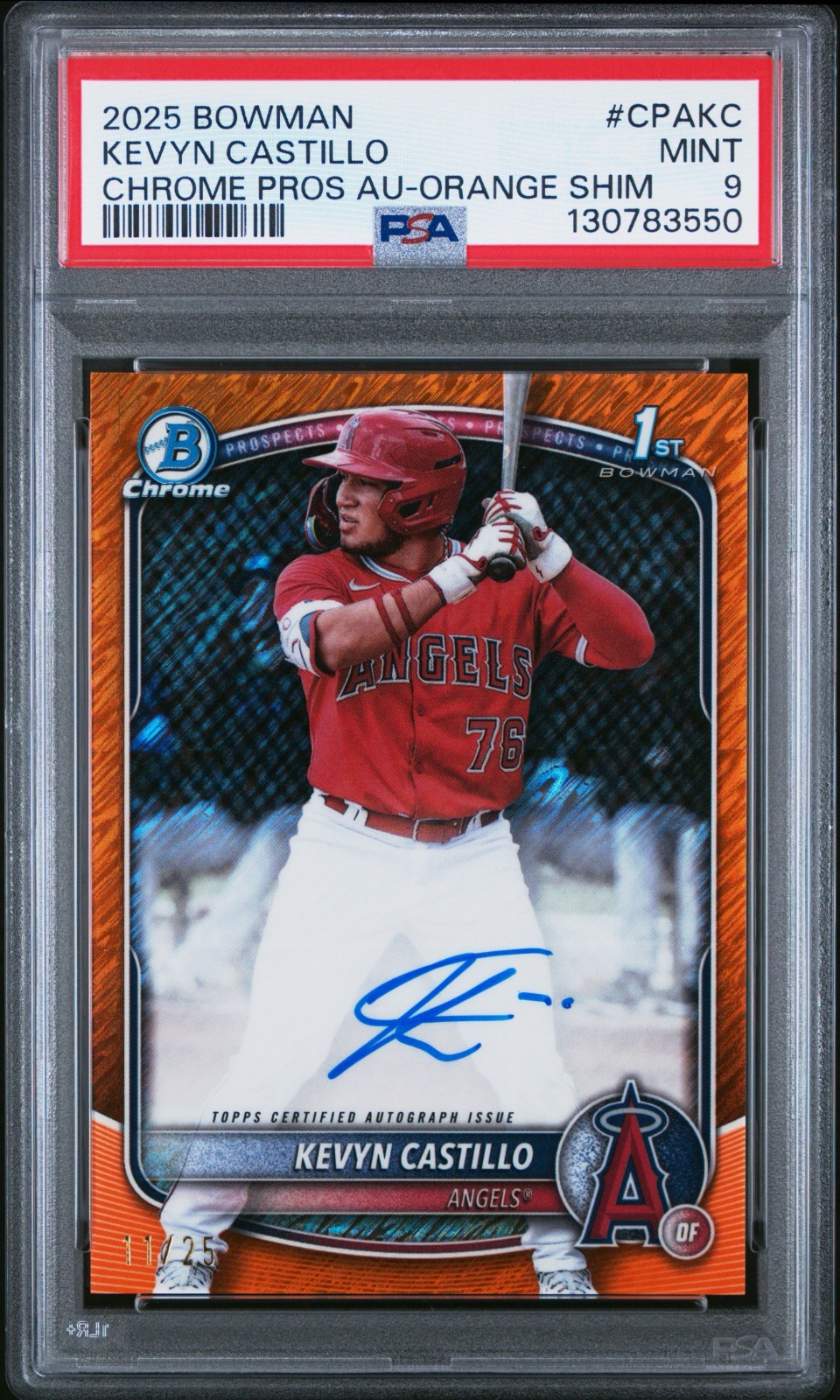 2025 Bowman #CPAKC Kevyn Castillo 1st Chrome Orange Shimmer Auto /25 PSA 9