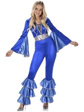 Blue Disco Jumpsuit 70s Dancing Queen Hippie Retro Adult Womens Costume