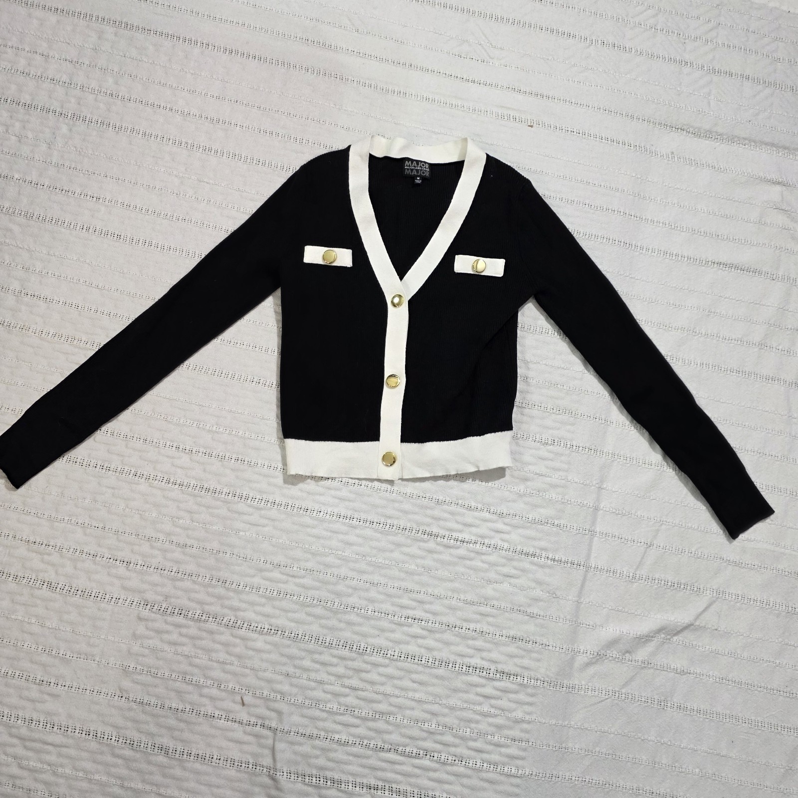 Major Major Cropped Cardigan Sweater Women M Black White Gold Buttons V-Neck