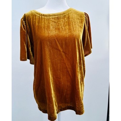 LOFT Womens Flutter Sleeve Velvet Top Size M Golden Romantic Cozy Luxe Tie Back
